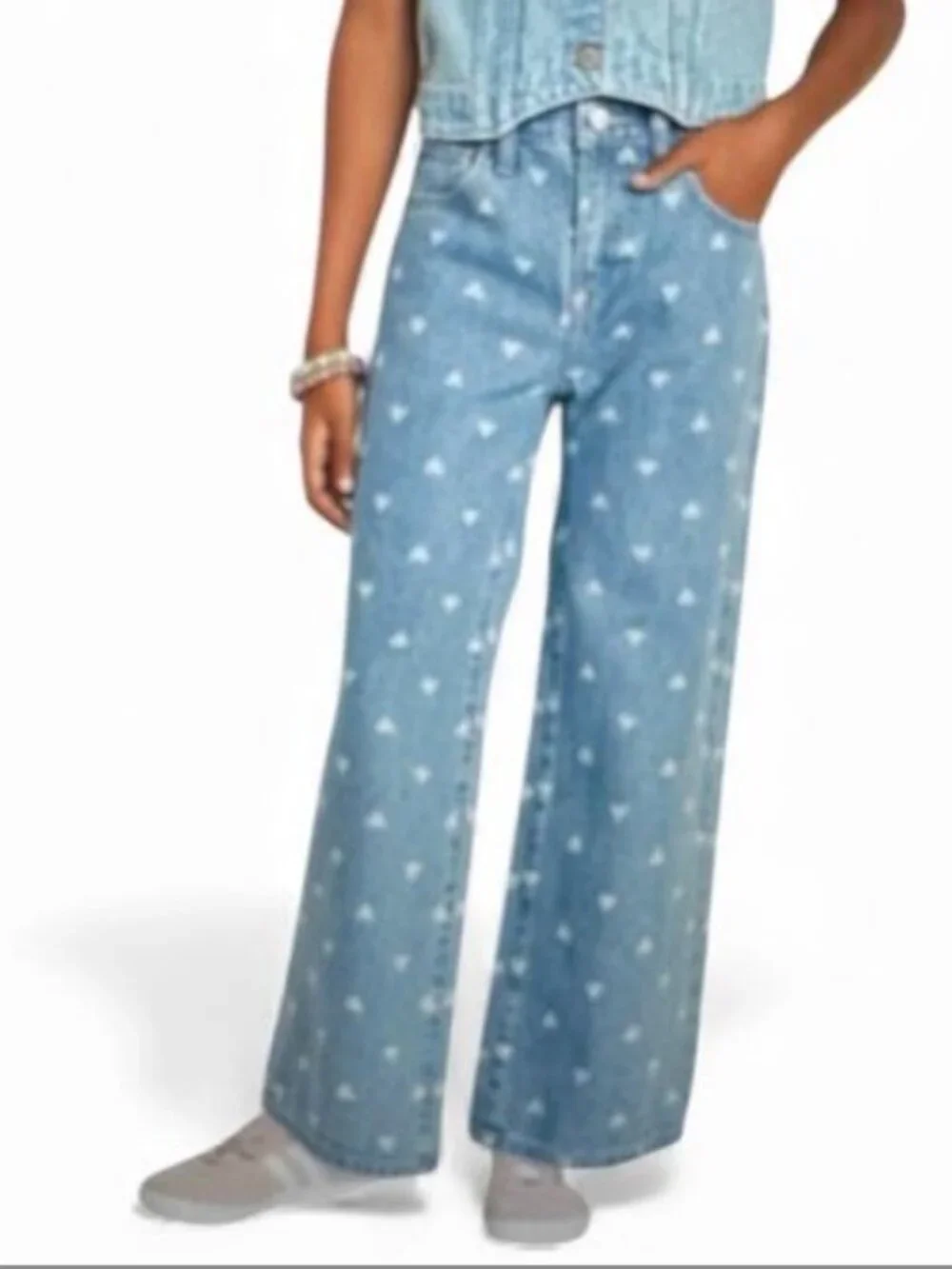 Old Navy Jean Girl 16 Blue Baggy Wide Leg Heart Print High Rise Adjustable Denim